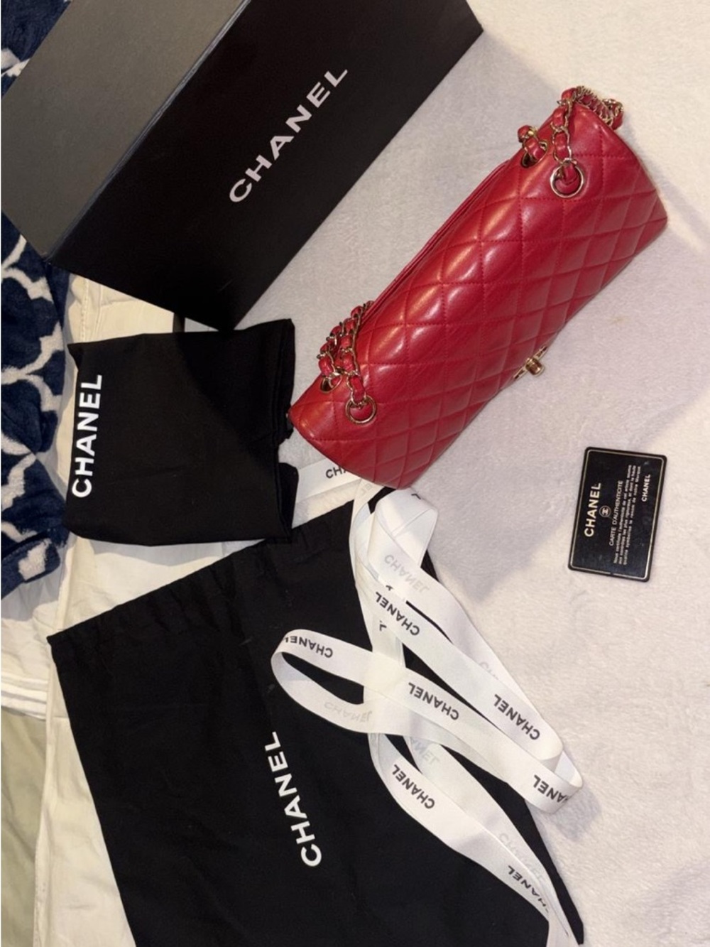 Authentic CHANEL Red Quilted Shoulder Bag with Chain Strap